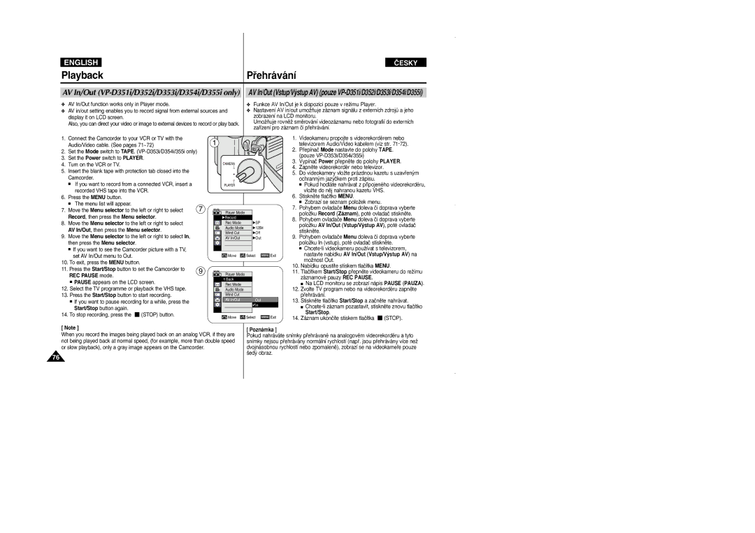 Samsung VP D 352 i manual AV In/Out, then press the Menu selector, REC Pause mode, Start/Stop 