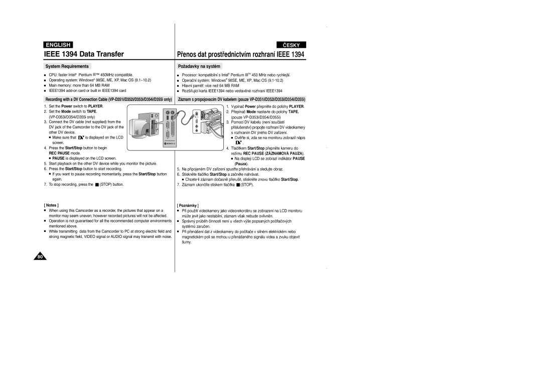 Samsung VP D 352 i manual Ieee 1394 Data Transfer, System Requirements PoÏadavky na systém 