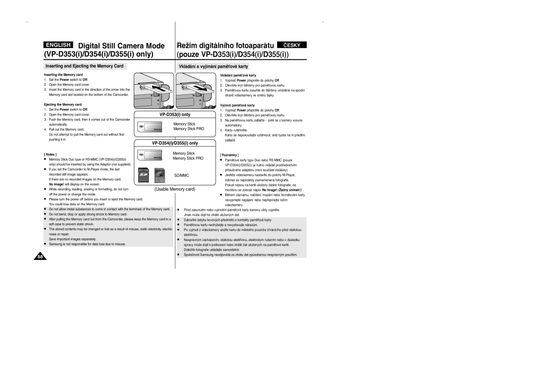 Samsung VP D 352 i manual Memory Stick PRO, Inserting the Memory card 