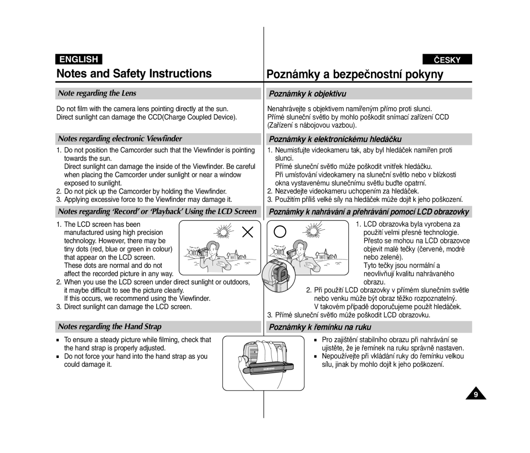 Samsung VP D 352 i manual Poznámky k objektivu, Poznámky k elektronickému hledáãku, Poznámky k ﬁemínku na ruku 