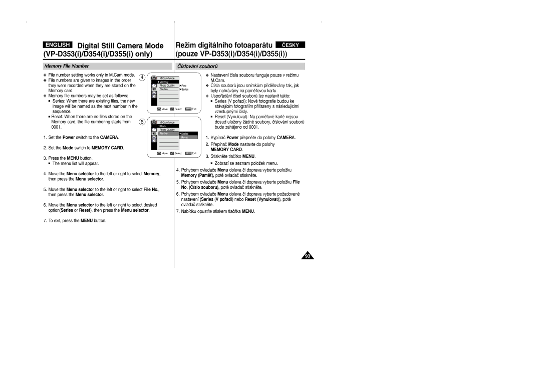 Samsung VP D 352 i manual Memory File Number Âíslování souborÛ, File number setting works only in M.Cam mode 
