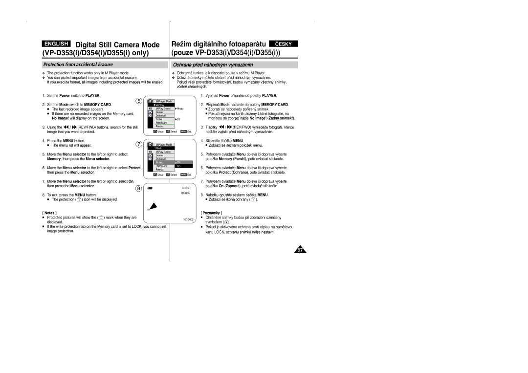 Samsung VP D 352 i manual Protection from accidental Erasure, Ochrana pﬁed náhodn˘m vymazáním 