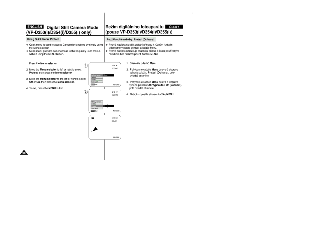 Samsung VP D 352 i manual Protect , then press the Menu selector, Vyberte poloÏku Off Vypnout ãi On Zapnout 