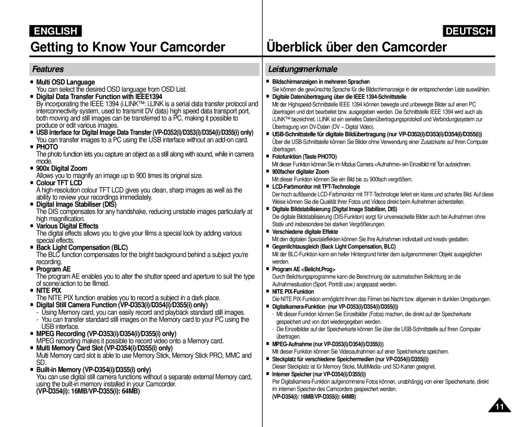 Samsung VP D 354 i, AD68-00839H manual Features, Leistungsmerkmale 