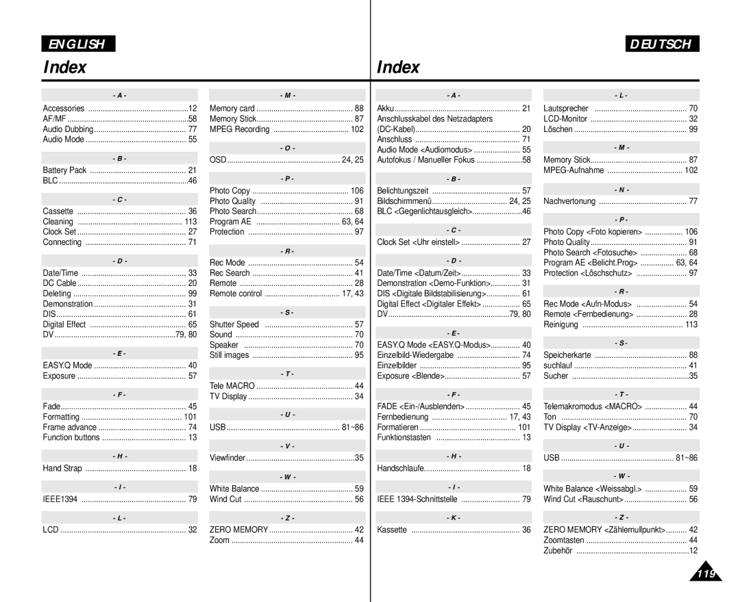 Samsung VP D 354 i, AD68-00839H manual Index, 113 