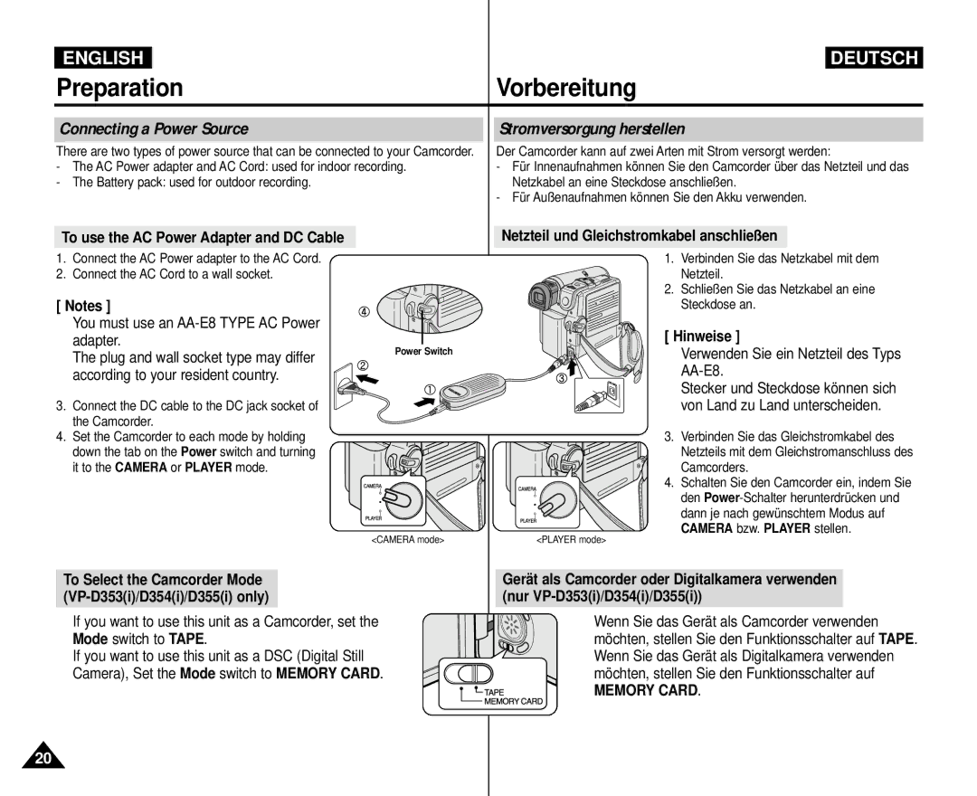 Samsung AD68-00839H manual Connecting a Power Source, Stromversorgung herstellen, Netzteil und Gleichstromkabel anschließen 