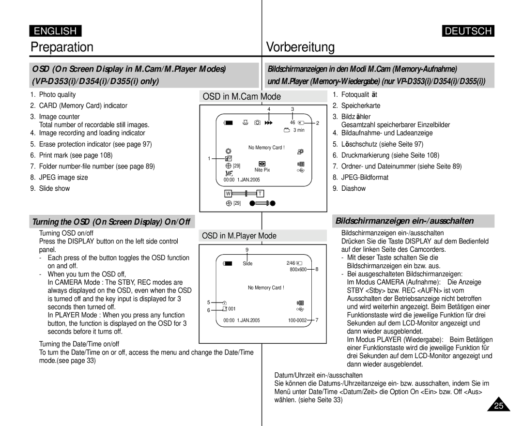 Samsung VP D 354 i, AD68-00839H manual OSD On Screen Display in M.Cam/M.Player Modes, VP-D353i/D354i/D355i only 