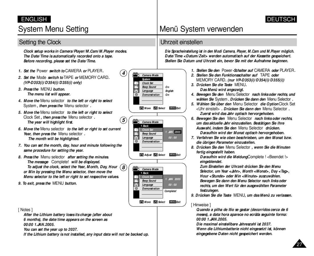 Samsung VP D 354 i, AD68-00839H manual Setting the Clock Uhrzeit einstellen, Clock Set, then press the Menu selector 