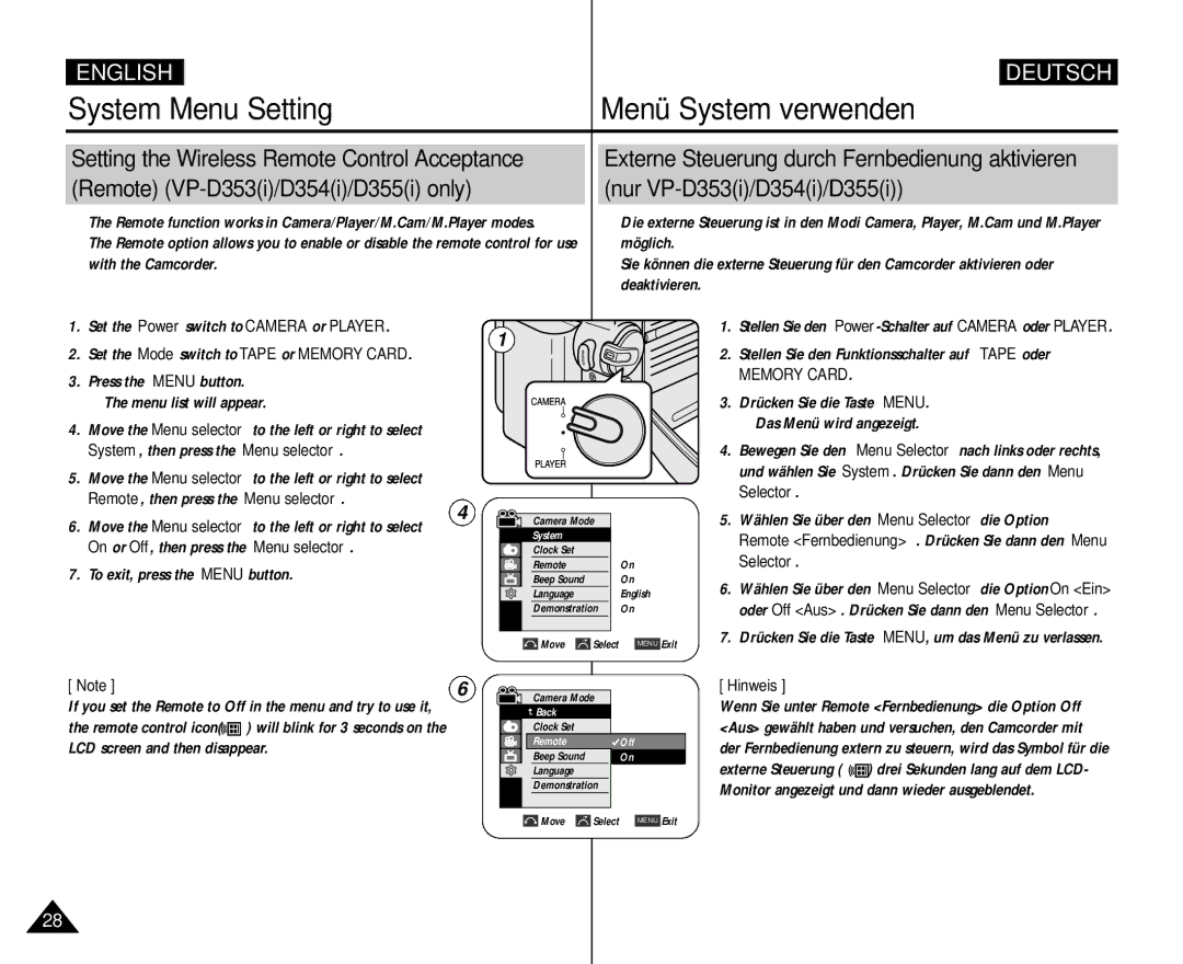 Samsung AD68-00839H, VP D 354 i System Menu Setting Menü System verwenden, Wählen Sie über den Menu Selector die Option 