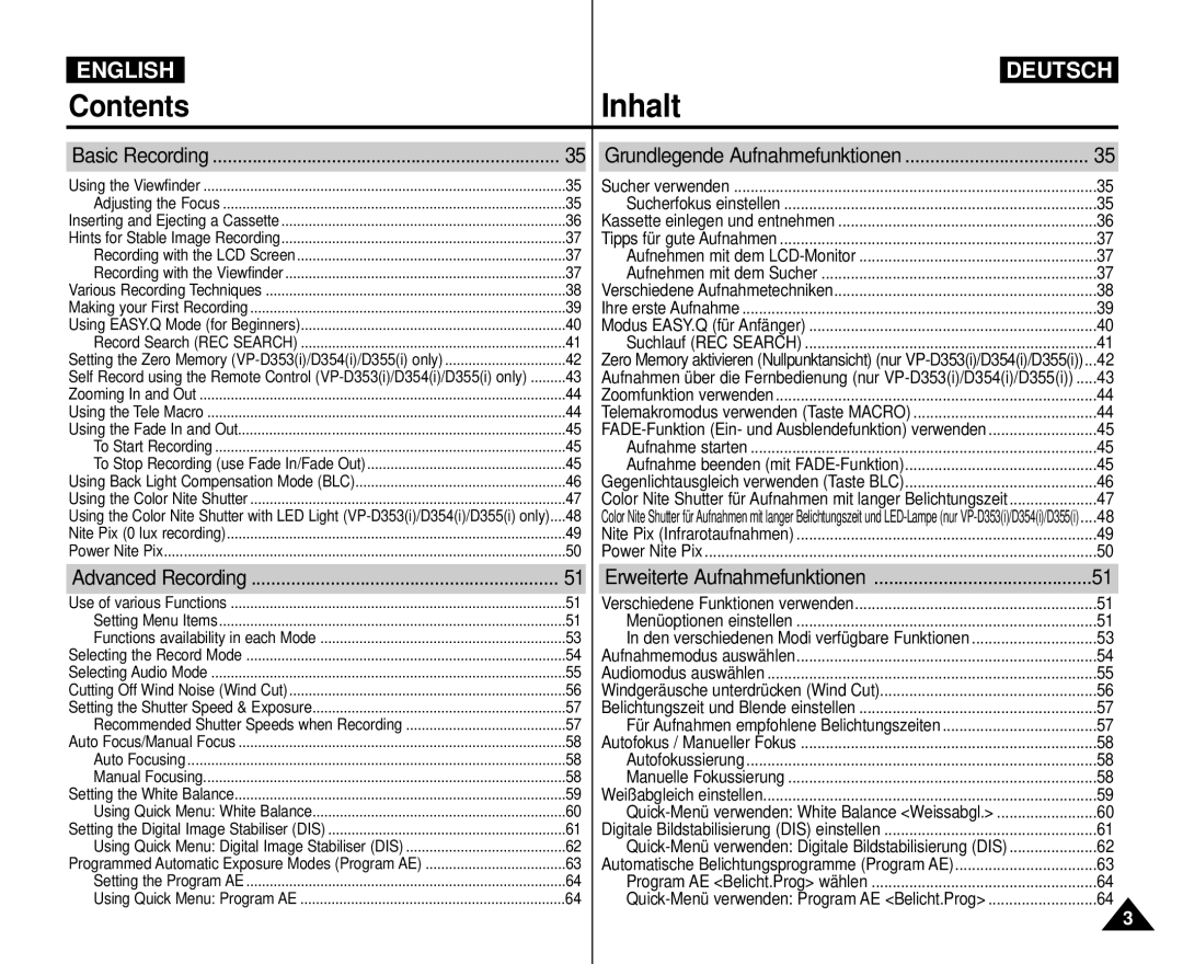 Samsung VP D 354 i, AD68-00839H manual Grundlegende Aufnahmefunktionen 