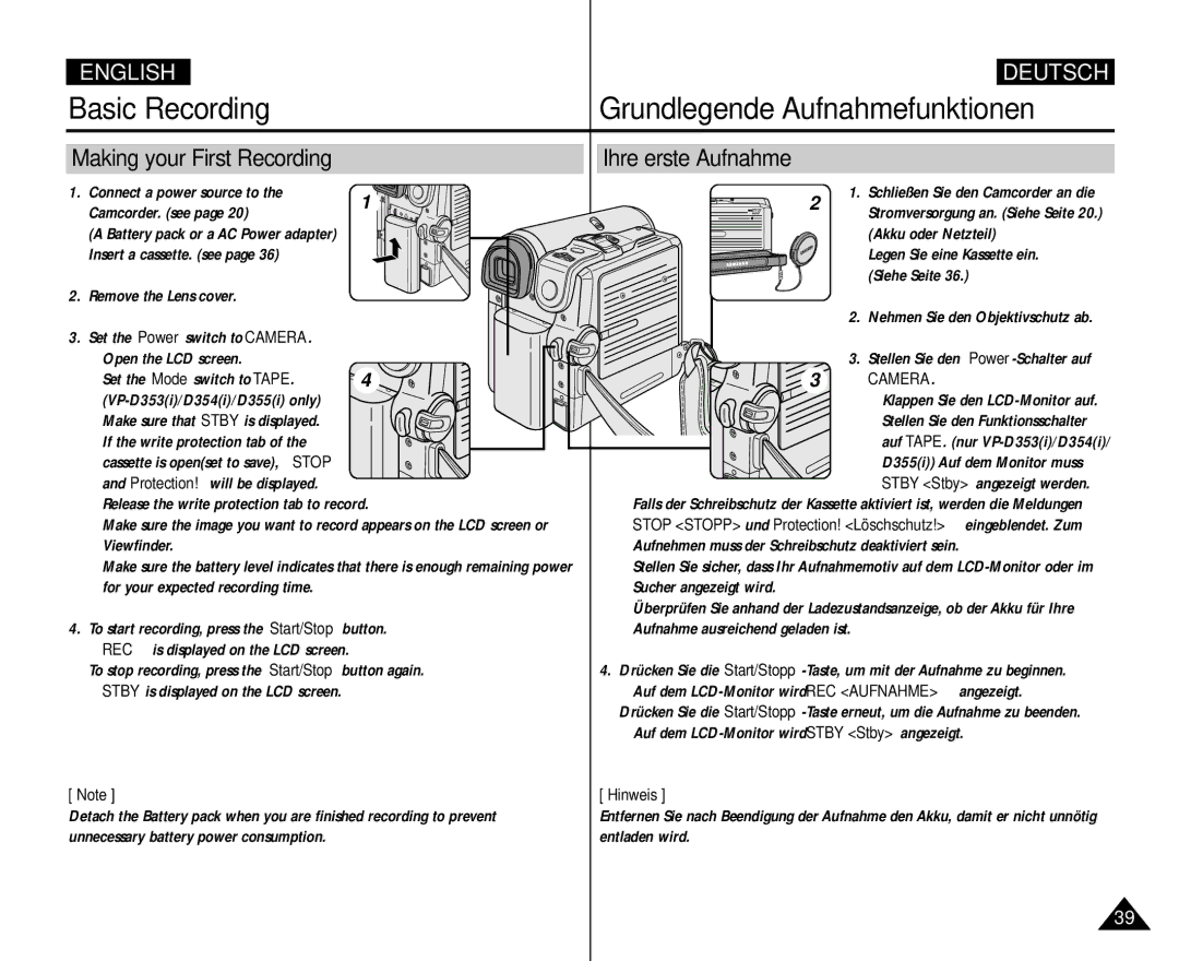 Samsung VP D 354 i, AD68-00839H manual Basic Recording, Making your First Recording, Ihre erste Aufnahme 