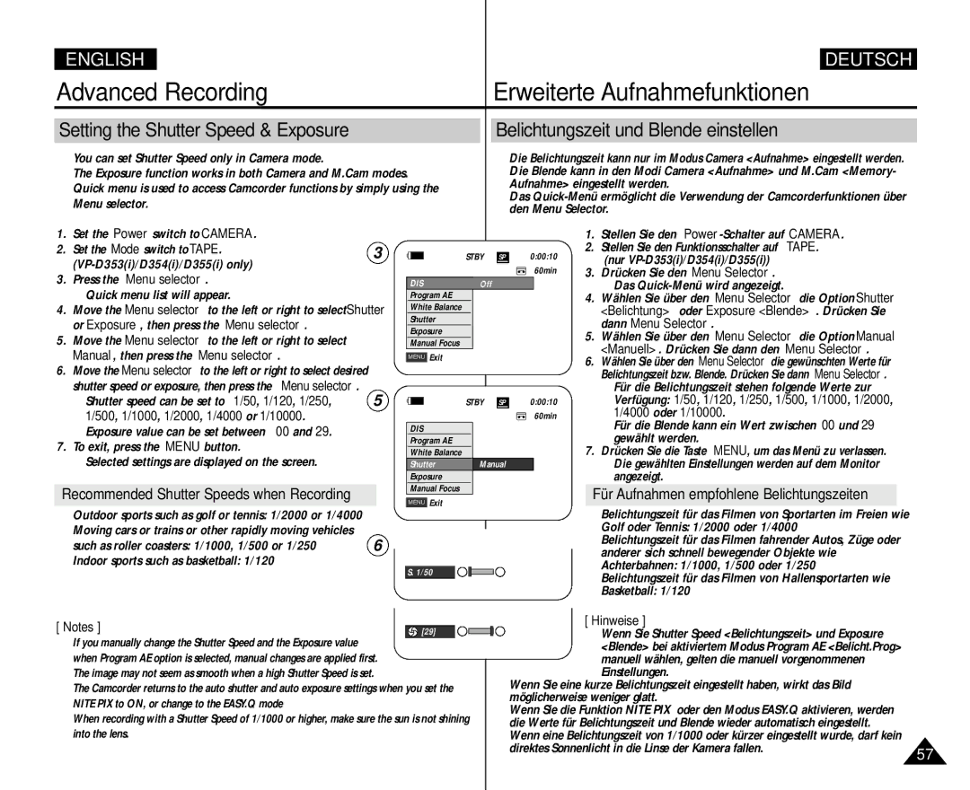 Samsung VP D 354 i, AD68-00839H manual Für Aufnahmen empfohlene Belichtungszeiten, Press the Menu selector 