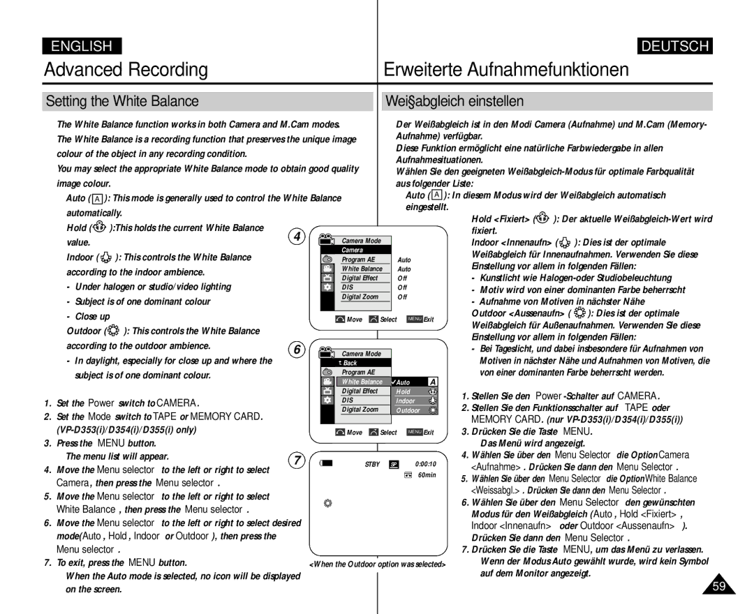 Samsung VP D 354 i, AD68-00839H Setting the White Balance Weißabgleich einstellen, Camera, then press the Menu selector 