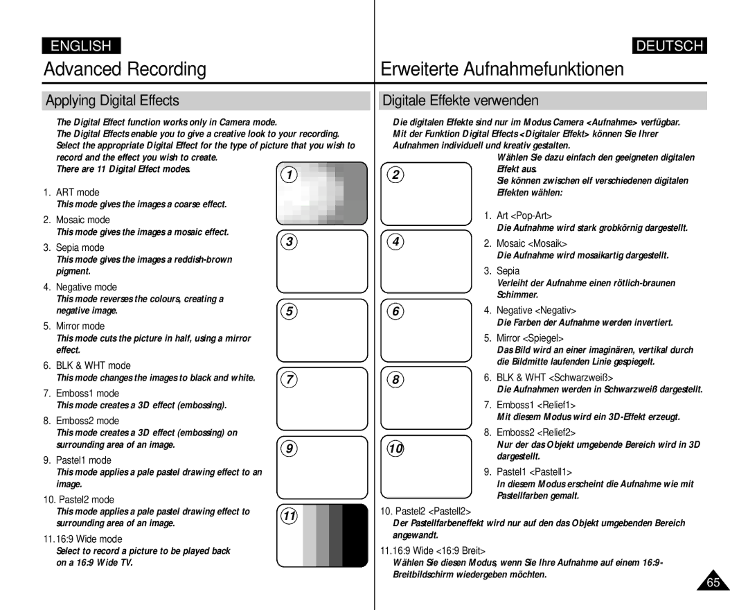 Samsung VP D 354 i, AD68-00839H manual Applying Digital Effects, Digitale Effekte verwenden 