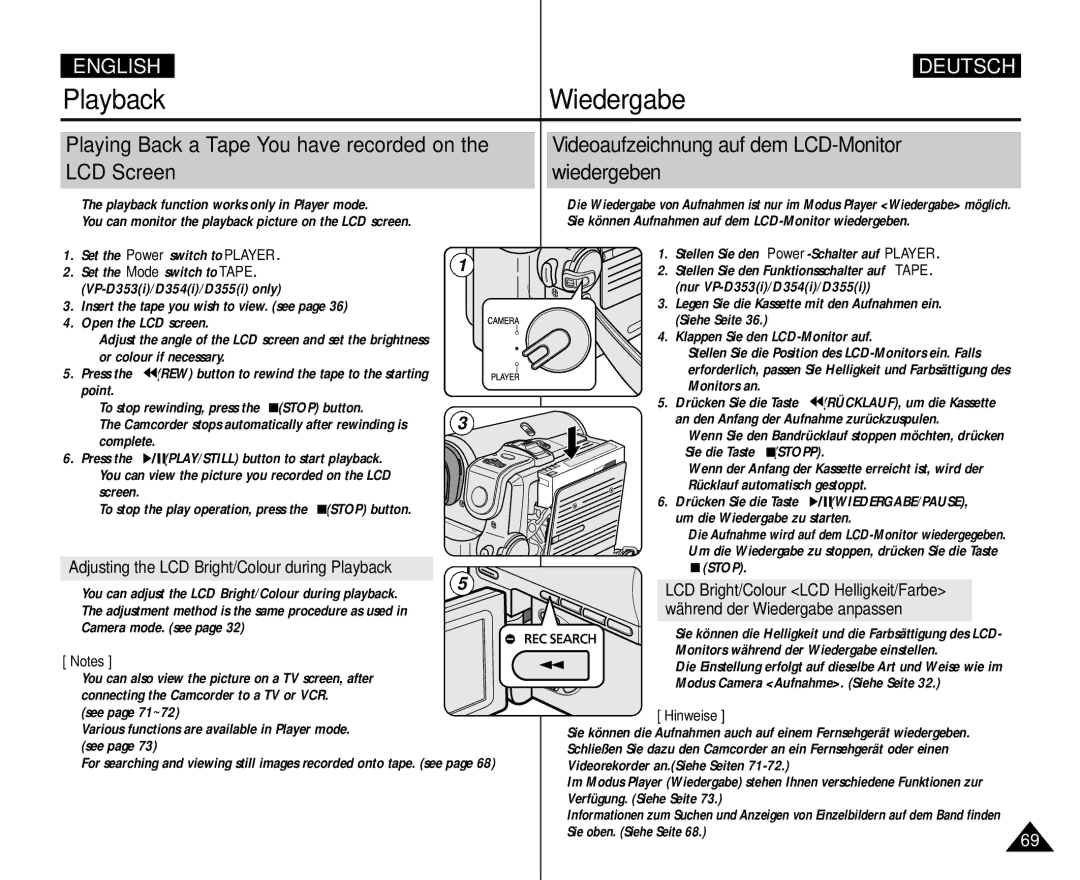 Samsung VP D 354 i, AD68-00839H manual Playback Wiedergabe, Adjusting the LCD Bright/Colour during Playback 