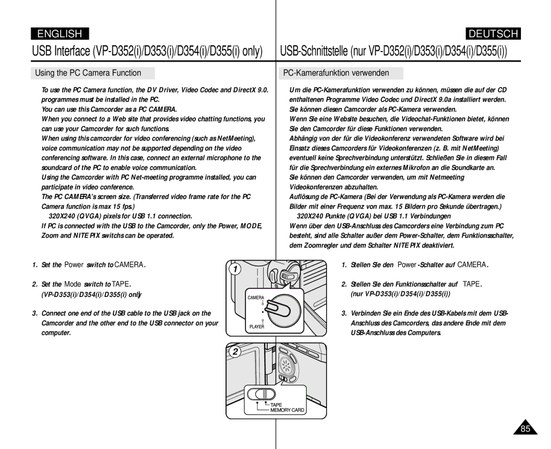 Samsung VP D 354 i Using the PC Camera Function PC-Kamerafunktion verwenden, 320X240 Punkte Qvga bei USB 1.1 Verbindungen 