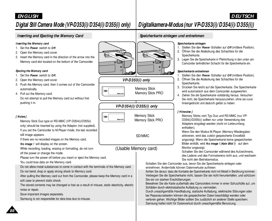 Samsung AD68-00839H Digitalkamera-Modus nur VP-D353i/D354i/D355i, Inserting the Memory card, Ejecting the Memory card 