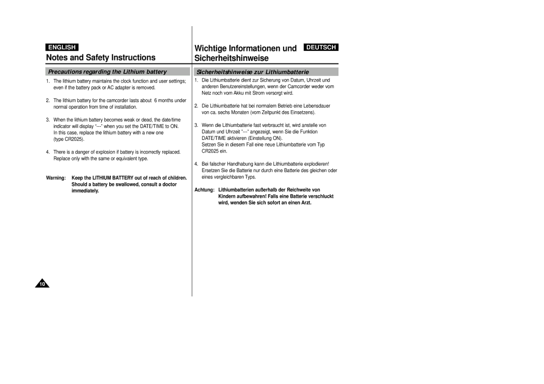 Samsung VP D 93 i manual Precautions regarding the Lithium battery, Sicherheitshinweise zur Lithiumbatterie, Type CR2025 