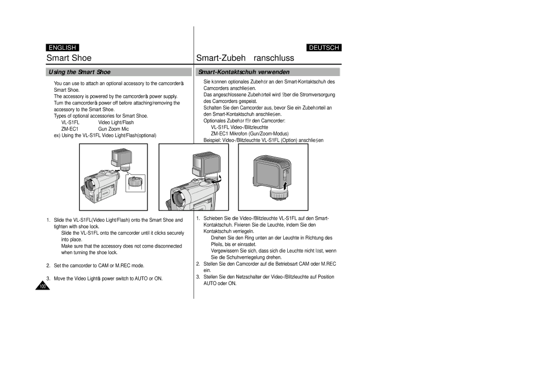 Samsung VP D 93 i Smart Shoe Smart-Zubehö ranschluss, Using the Smart Shoe, Smart-Kontaktschuh verwenden, VL-S1FL, ZM-EC1 