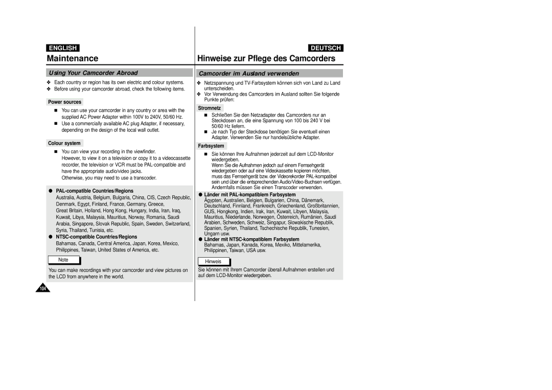 Samsung VP D 93 i manual Using Your Camcorder Abroad, Camcorder im Ausland verwenden 