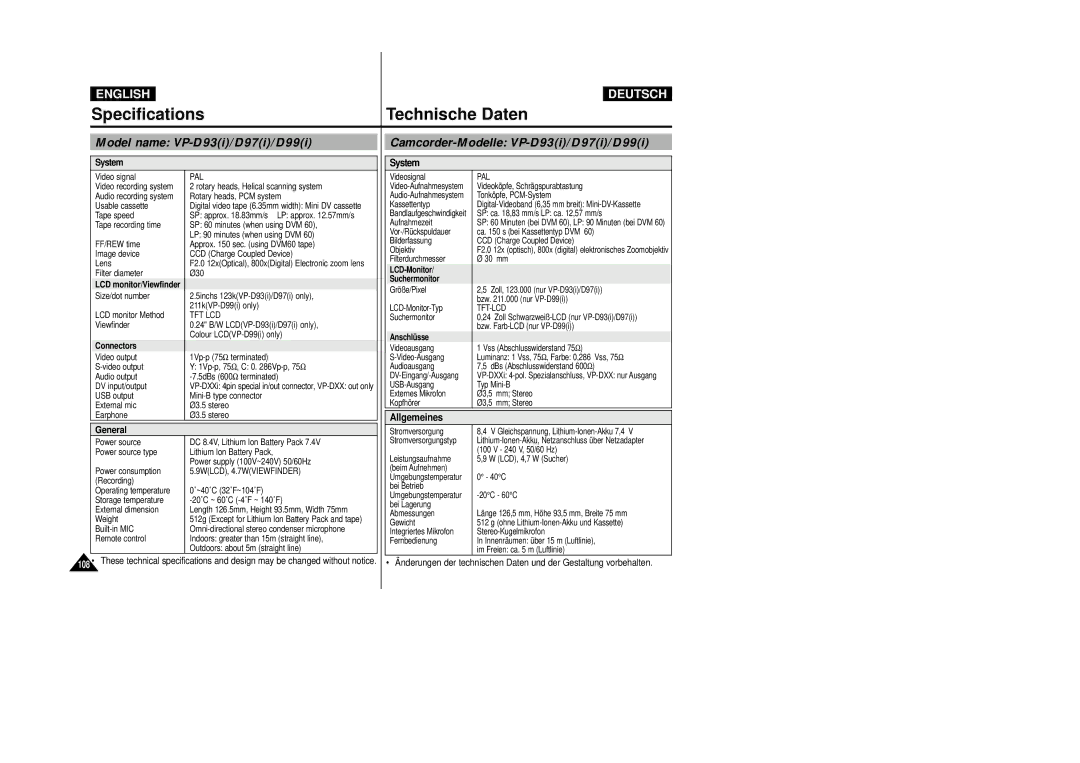 Samsung VP D 93 i manual Specifications Technische Daten, Model name VP-D93i/D97i/D99i, Camcorder-Modelle VP-D93i/D97i/D99i 