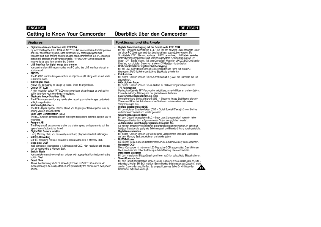 Samsung VP D 93 i manual Getting to Know Your Camcorder Berblick ü ber den Camcorder, Features Funktionen und Merkmale 