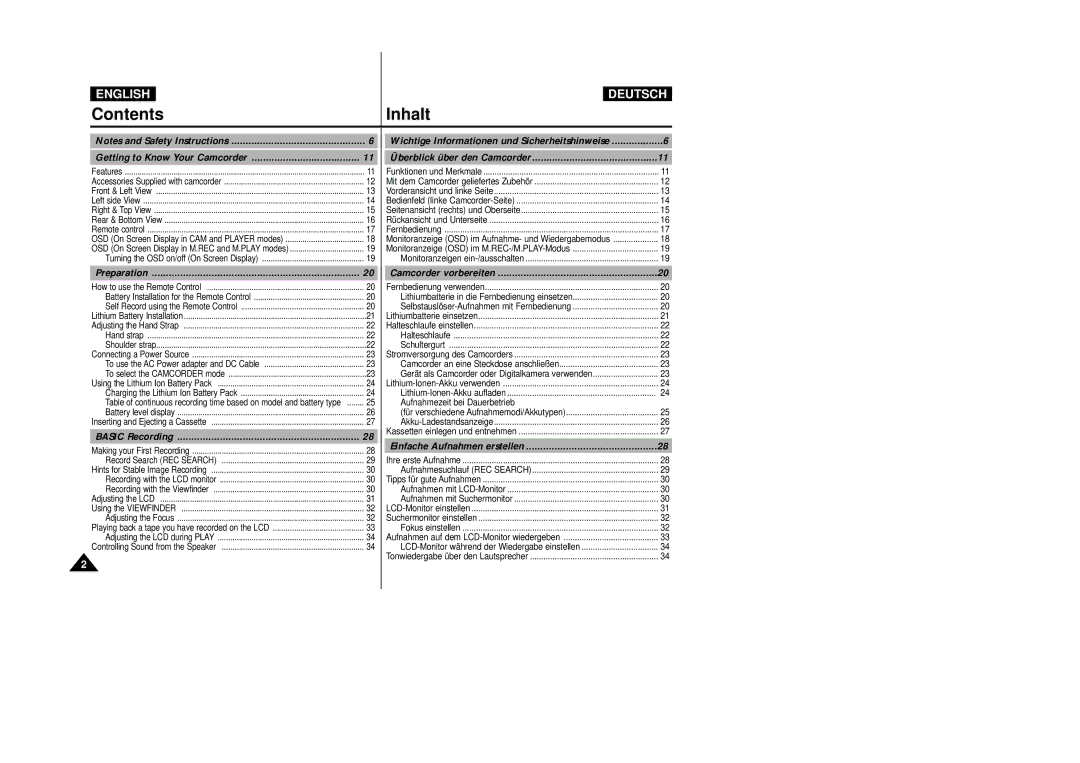 Samsung VP D 93 i manual Contents Inhalt 