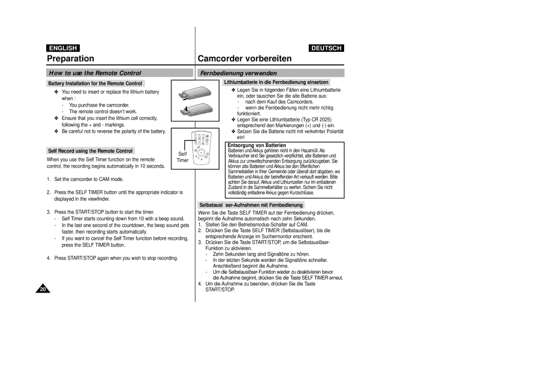 Samsung VP D 93 i manual How to use the Remote Control Fernbedienung verwenden 