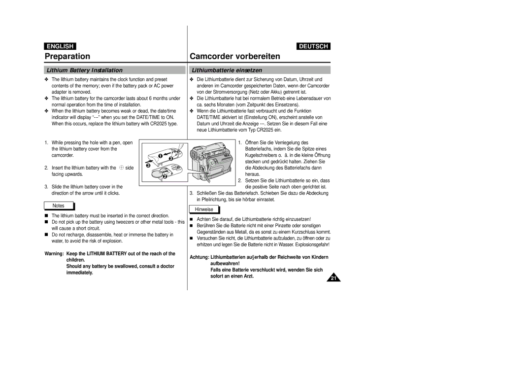 Samsung VP D 93 i manual Lithium Battery Installation Lithiumbatterie einsetzen 