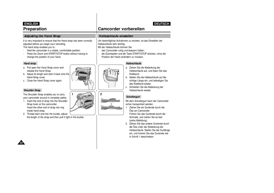 Samsung VP D 93 i manual Preparation Camcorder vorbereiten, Adjusting the Hand Strap, Halteschlaufe einstellen 