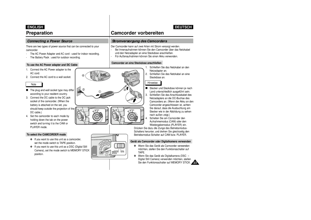 Samsung VP D 93 i manual Connecting a Power Source, Stromversorgung des Camcorders 