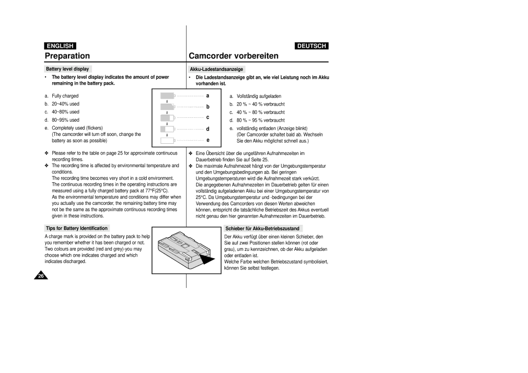 Samsung VP D 93 i manual Tips for Battery Identification, Schieber fü r Akku-Betriebszustand 