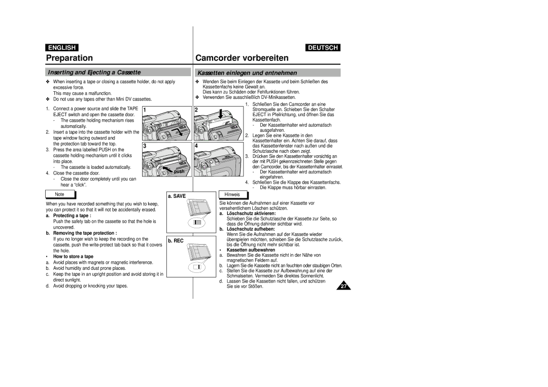 Samsung VP D 93 i manual Inserting and Ejecting a Cassette, Kassetten einlegen und entnehmen, Save REC 