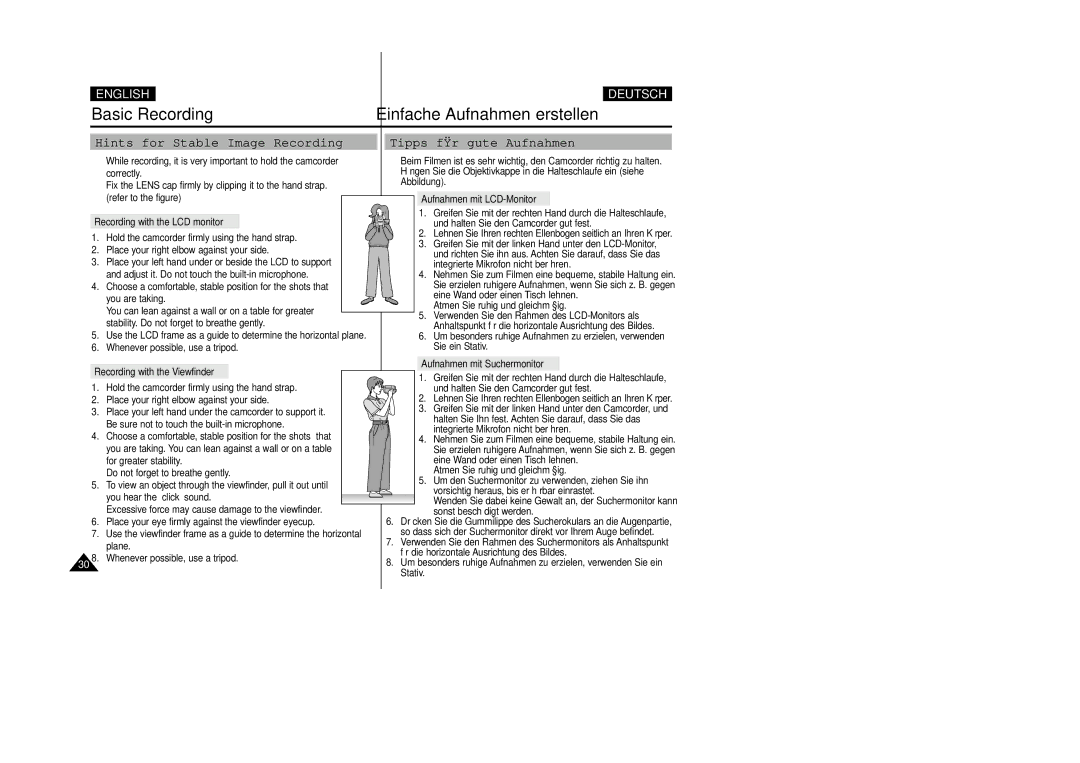 Samsung VP D 93 i manual Hints for Stable Image Recording Tipps für gute Aufnahmen, Aufnahmen mit LCD-Monitor 