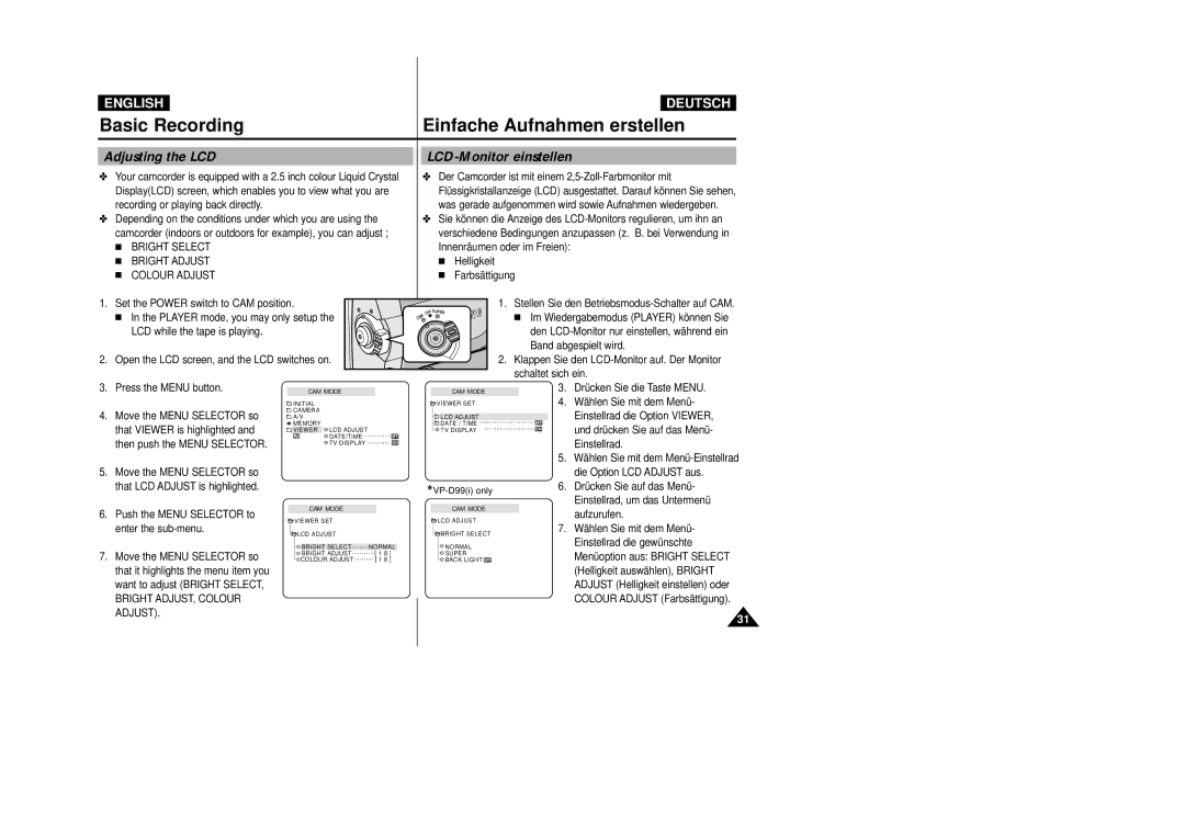 Samsung VP D 93 i manual Adjusting the LCD, LCD-Monitor einstellen 