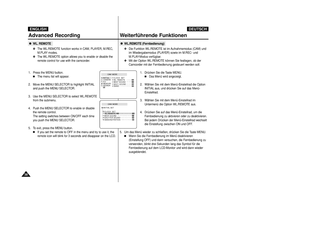 Samsung VP D 93 i manual WL. Remote, WL.REMOTE Fernbedienung, To exit, press the Menu button 