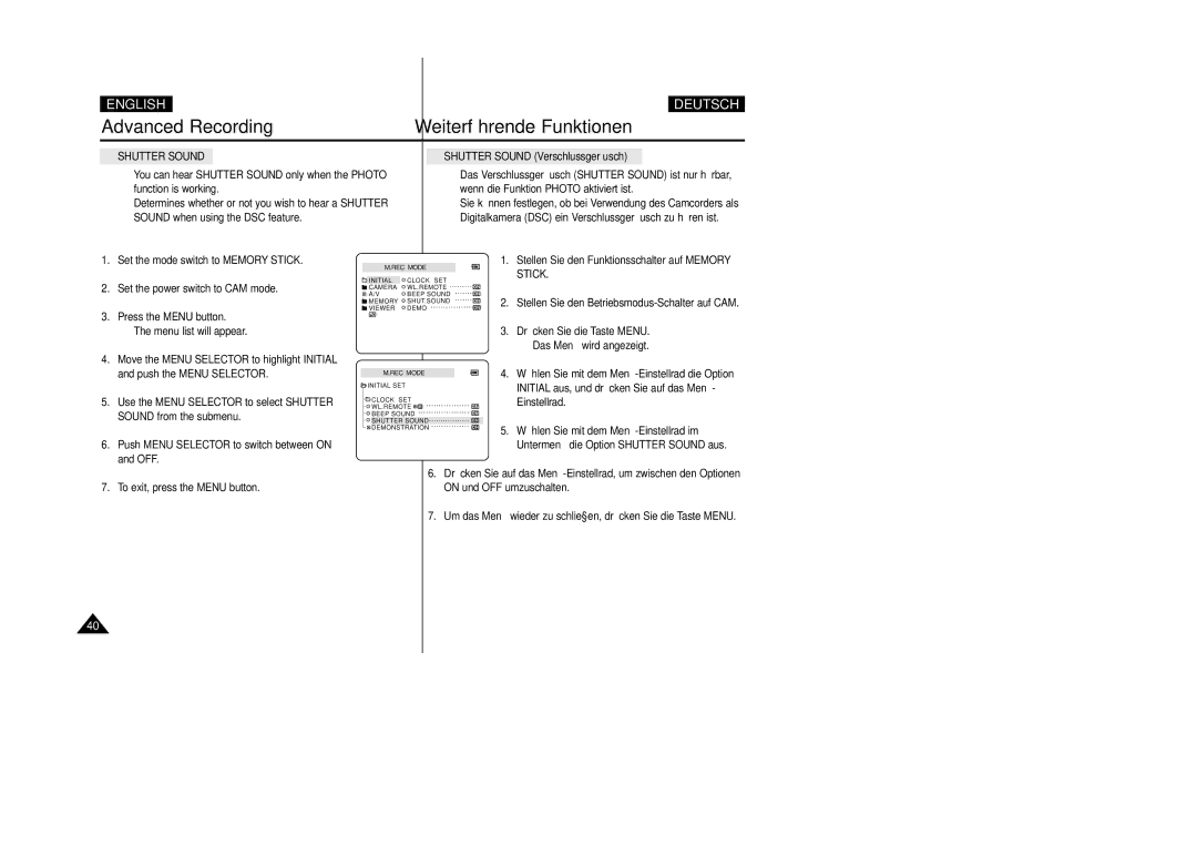 Samsung VP D 93 i manual Shutter Sound Verschlussgeräusch, Sound from the submenu, Off 