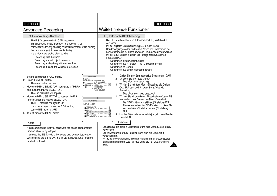 Samsung VP D 93 i manual EIS Electronic Image Stabilizer, EIS Elektronische Bildstabilisierung, Nicht 