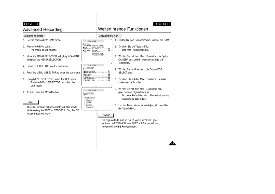 Samsung VP D 93 i manual Selecting an effect Digitaleffekt wählen, DSE function will not operate in Easy mode 