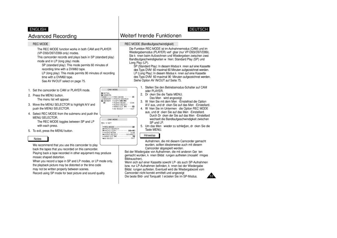 Samsung VP D 93 i manual REC Mode Bandlaufgeschwindigkeit, Menu Selector 