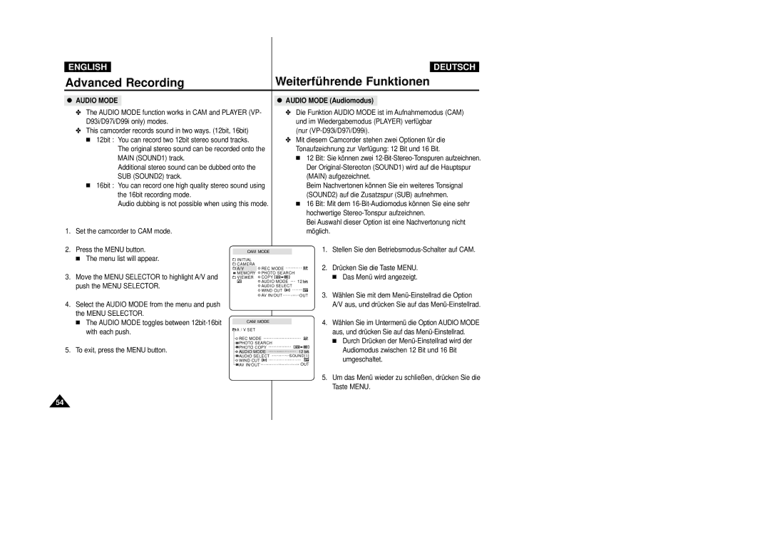 Samsung VP D 93 i manual Audio Mode Audiomodus, Nur VP-D93i/D97i/D99i, Original stereo sound can be recorded onto 