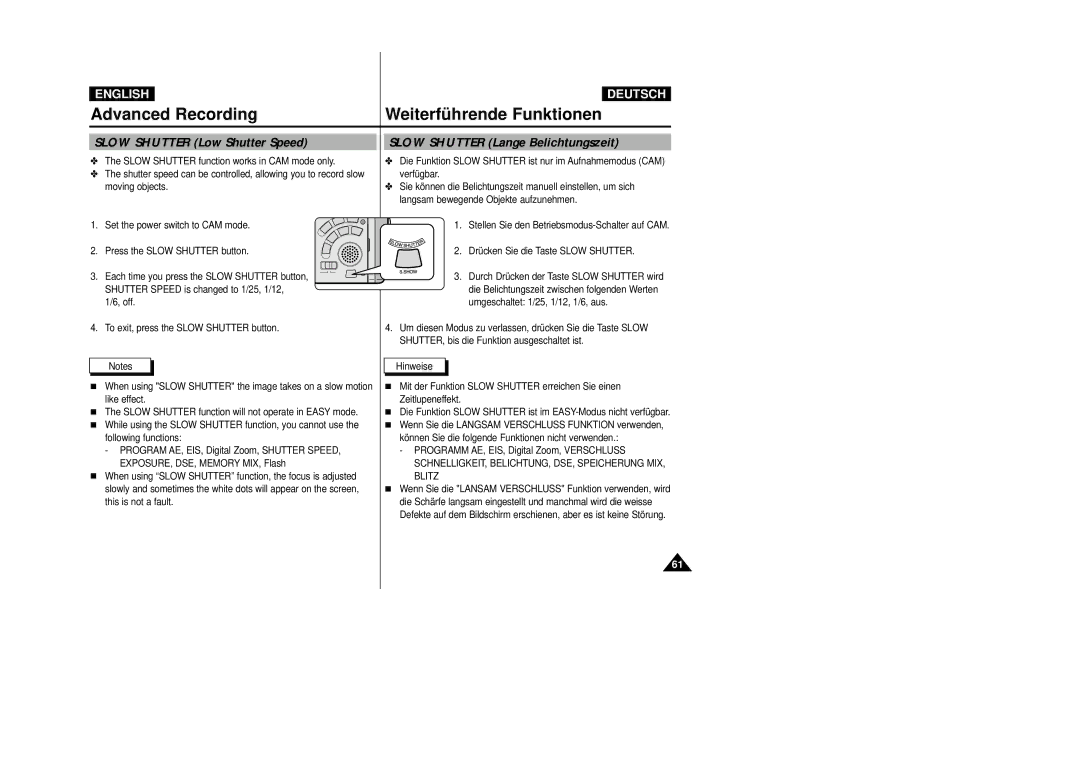 Samsung VP D 93 i manual Slow Shutter Low Shutter Speed, Slow Shutter Lange Belichtungszeit 