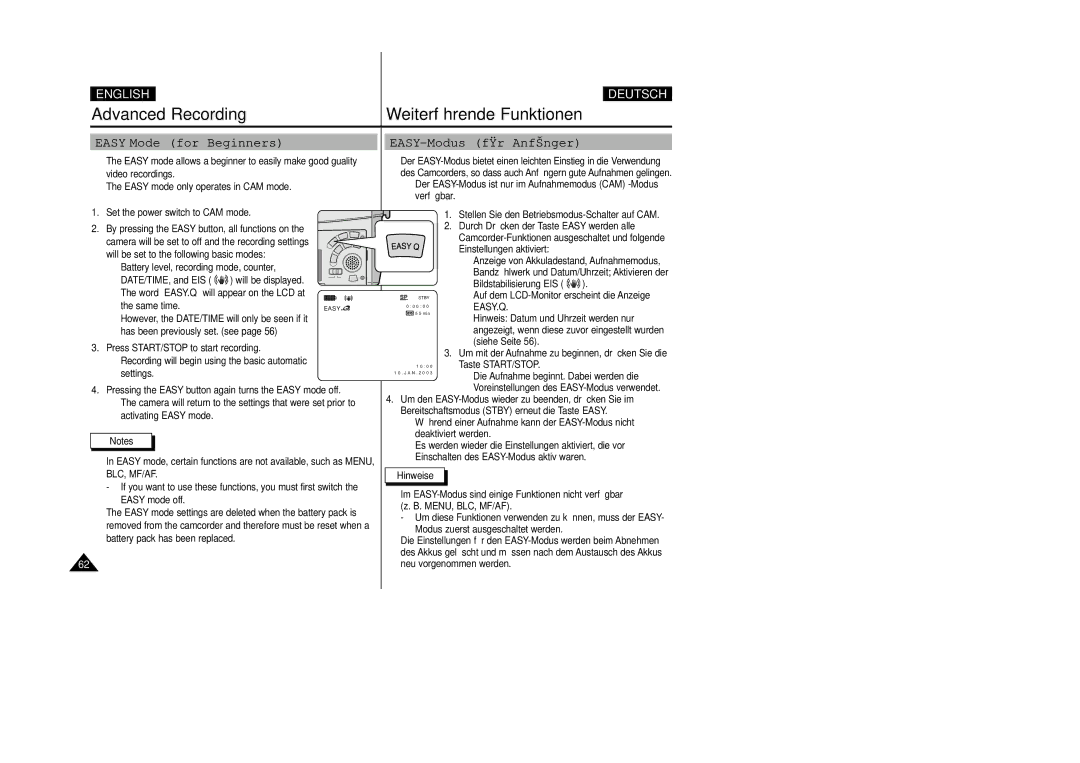 Samsung VP D 93 i manual Easy Mode for Beginners, EASY-Modus für Anfänger, Einstellungen aktiviert 