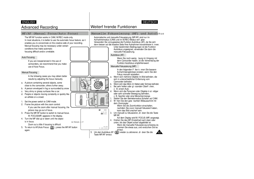 Samsung VP D 93 i MF/AF Manual Focus/Auto Focus, Manuelle Fokussierung MF und Autofokus AF, Auto Focusing, Manual Focusing 