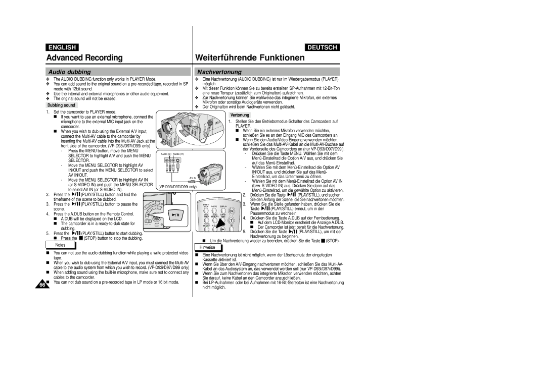 Samsung VP D 93 i manual Audio dubbing Nachvertonung, Dubbing sound 