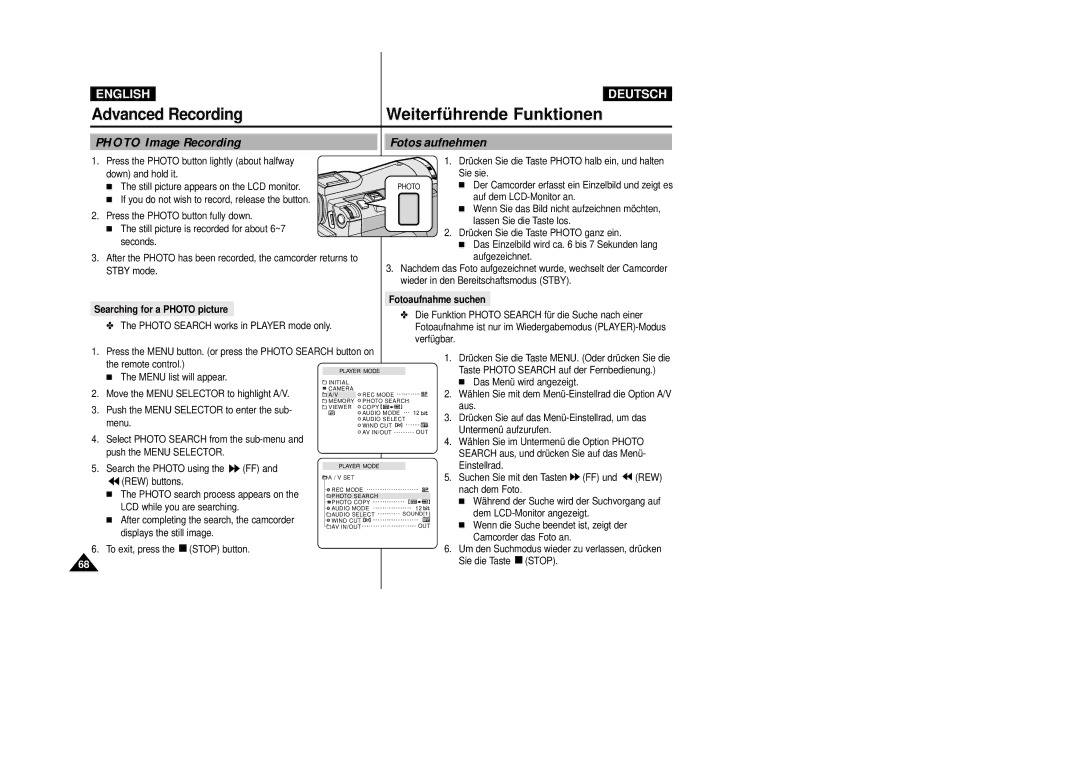 Samsung VP D 93 i manual Fotos aufnehmen, Photo Image Recording, Searching for a Photo picture, Fotoaufnahme suchen 