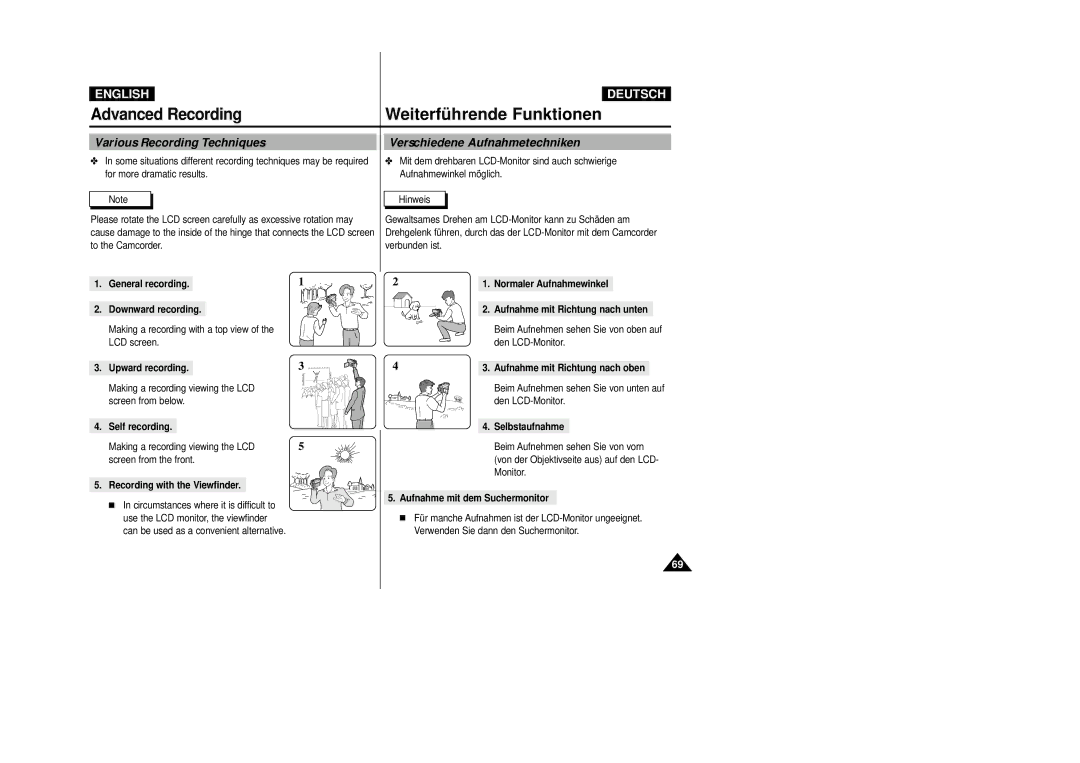 Samsung VP D 93 i manual Various Recording Techniques Verschiedene Aufnahmetechniken 