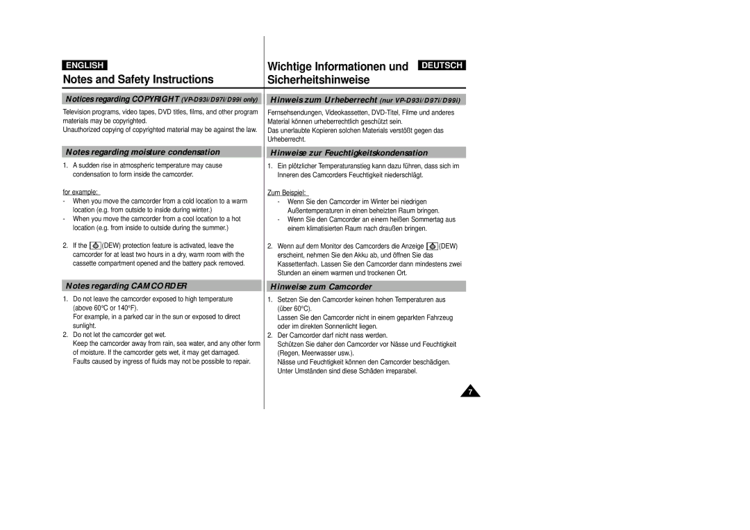 Samsung VP D 93 i manual Hinweise zur Feuchtigkeitskondensation, Hinweise zum Camcorder 