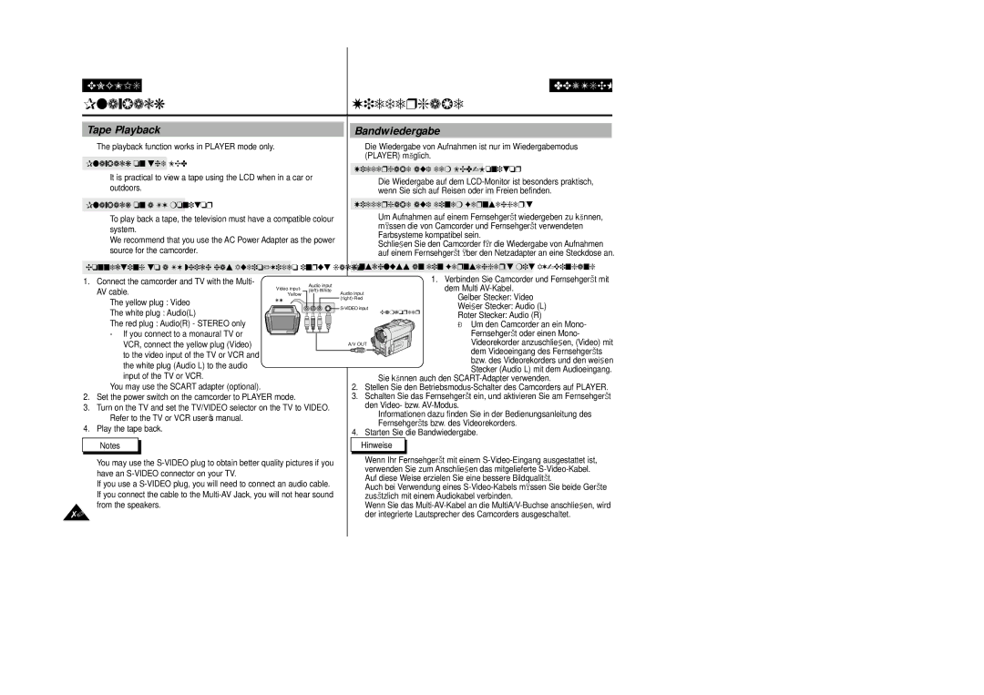 Samsung VP D 93 i manual Wiedergabe, Tape Playback, Bandwiedergabe 