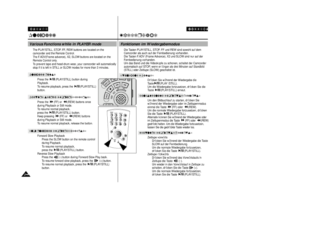 Samsung VP D 93 i manual Various Functions while in Player mode, Funktionen im Wiedergabemodus 